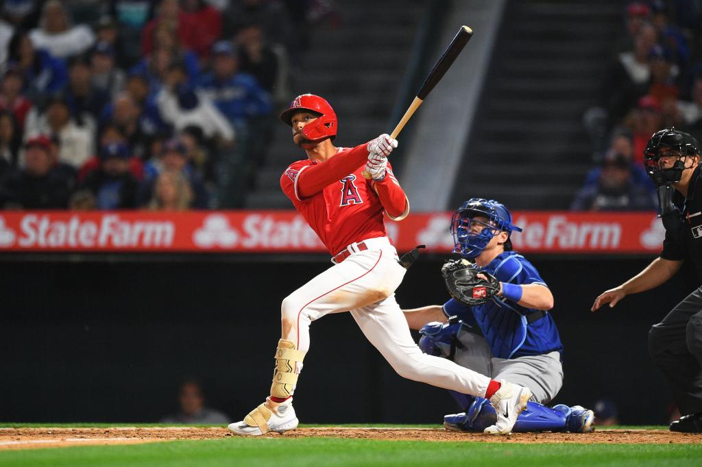 Los Angeles Angels designated hitter Jeremiah Jackson swings at a pitch during the MLB Spring Training game between the Los Angeles Dodgers and the Los Angeles Angels of Anaheim on March 27, 2023 at Angel Stadium of Anaheim in Anaheim, CA.