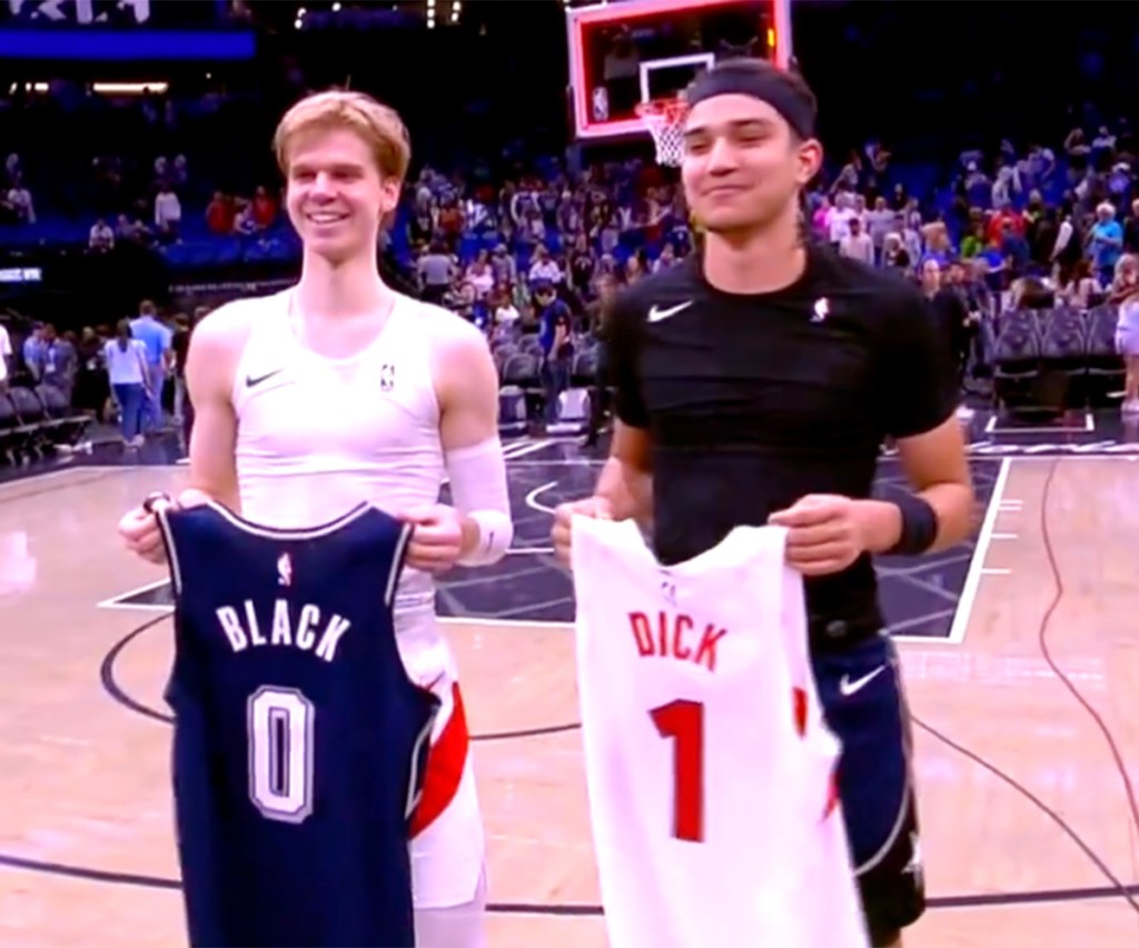 Raptors guard Gradey Dick and Magic guard Anthony Black swapped jerseys Toronto's victory over Orlando at Kia Center on March 17, 2024. 