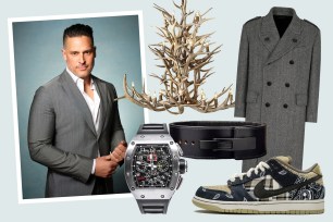 Joe Manganiello wearing a grey suit and coat surrounded by photos of some of his favorite things