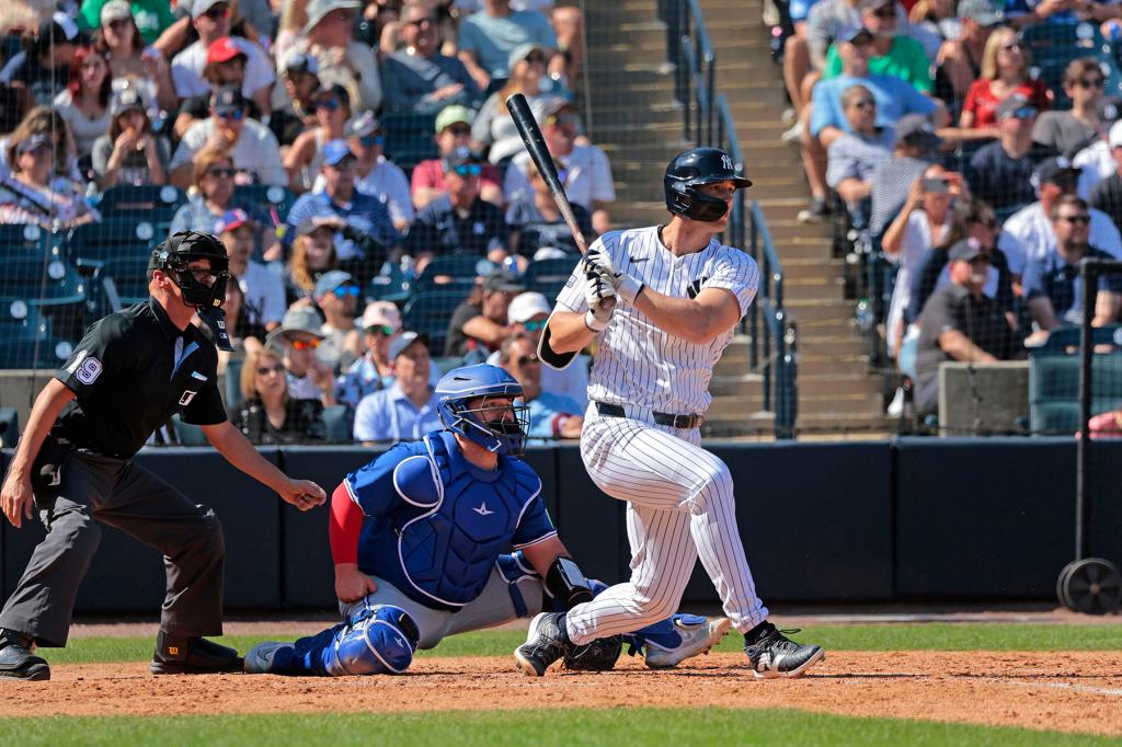 New York Yankees Spencer Jones hitting a single in the 4th inning