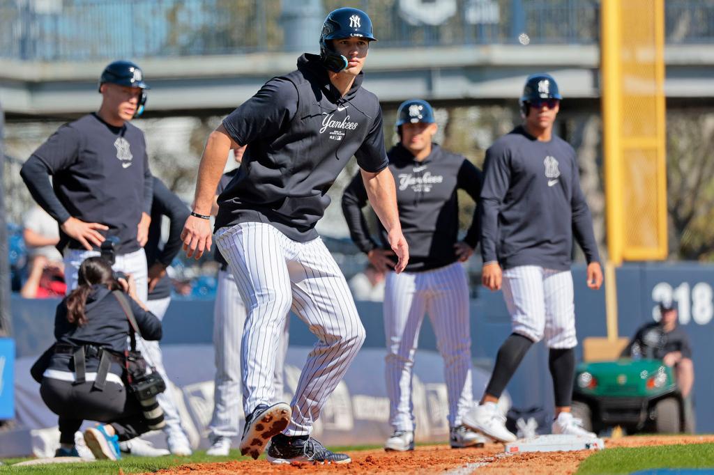 New York Yankees Spencer Jones, running the bases during todayâs practice at Steinbrenner Field, the Yankees Spring training complex in Tampa Florida.