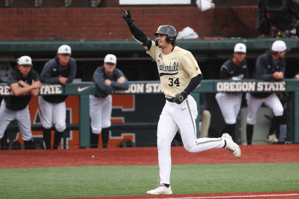 Vanderbilt pitcher Spencer Jones runs the bases after hitting a home run against New Mexico State during an NCAA regionals championship baseball game on Saturday, June 4, 2022, in Corvallis, Ore. Vanderbilt won 21-1.
