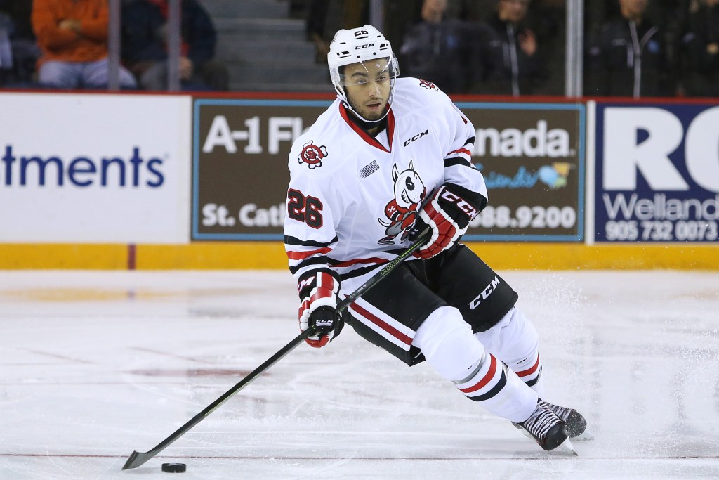 Joshua Ho-Sang, number 26, playing hockey for the Niagara IceDogs in an OHL game against the Barrie Colts on October 2, 2015.