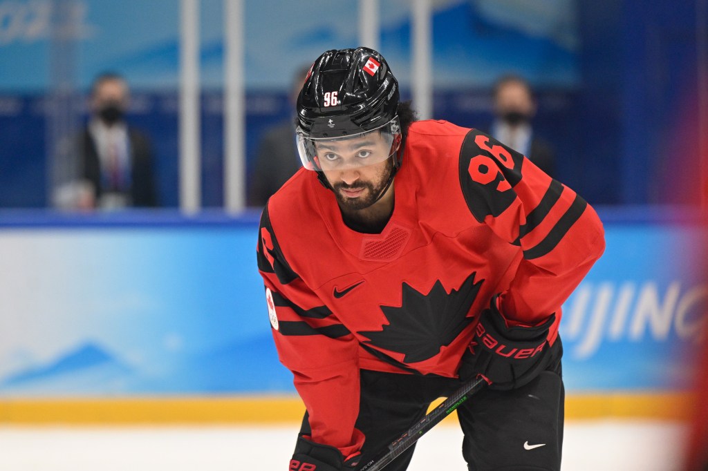 Josh Ho-Sang playing for Team Canada in the 2022 Olympics.