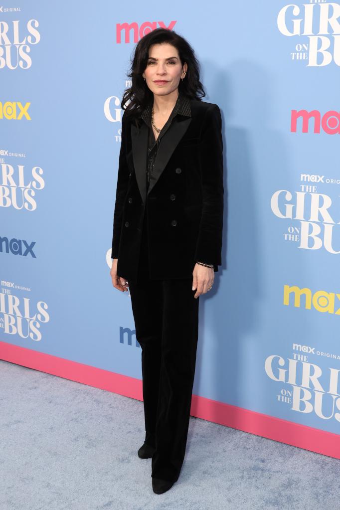 Julianna Margulies in a black suit, at the premiere of "The Girls on the Bus" in NYC in March 2024.