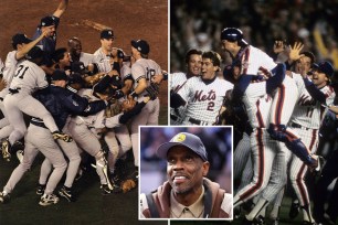 A composite photo of the '86 Mets and '98 Yankees celebrating World Series wins and a separate photo of Dwight Gooden dressed out of uniform.