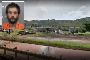 Escaped inmate Matthew J. Ornellas Jr., inset; main photo showing Kauai Community Correctional Center jail from afar