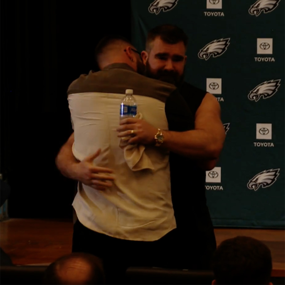 Travis Kelce and Jason Kelce share an emotional hug after Jason Kelce announces his NFL retirement after 13 seasons with the Philadelphia Eagles on Monday, March 4, 2024. 