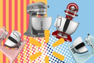 A group of kitchen mixers displayed on a colorful background