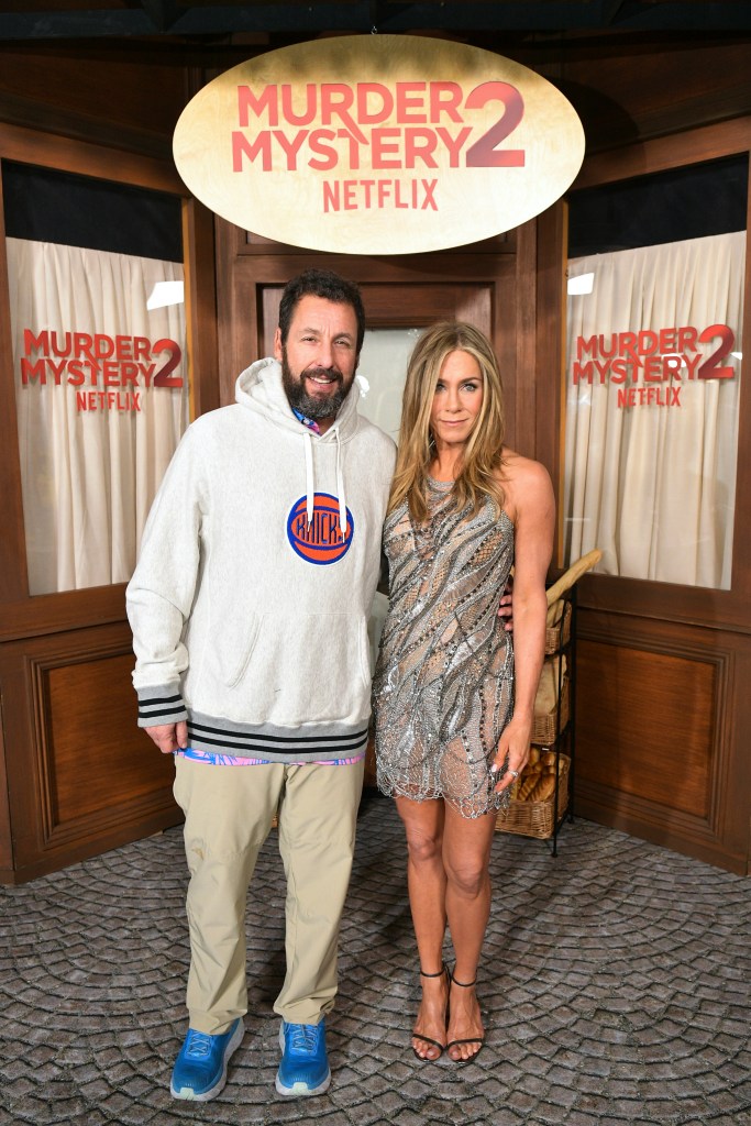 Adam Sandler and Jennifer Aniston at the Netflix premiere of Murder Mystery 2 in Los Angeles on March 28, 2023.