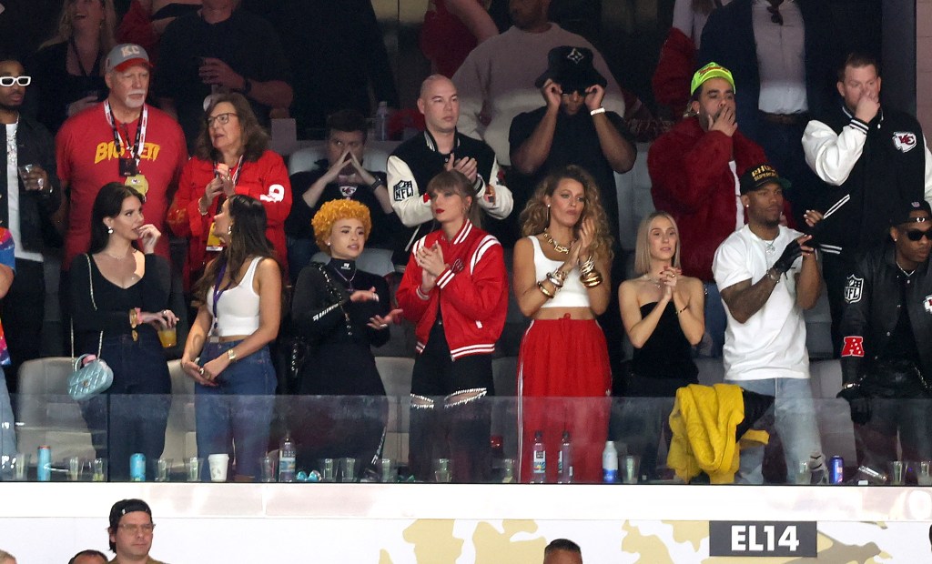 Lana Del Rey, Ice Spice, Taylor Swift, and Blake Lively attend the Super Bowl LVIII Pregame at Allegiant Stadium 