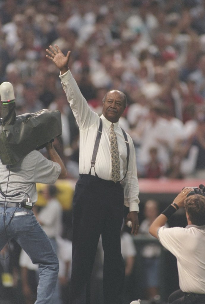 Doby throwing the first pitch at the 1997 All-Star game in Cleveland, OH.