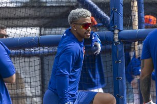 New York Mets infielder Francisco Lindor pauses while watching the team's workout during spring training camp, in Port St. Lucie, Florida.