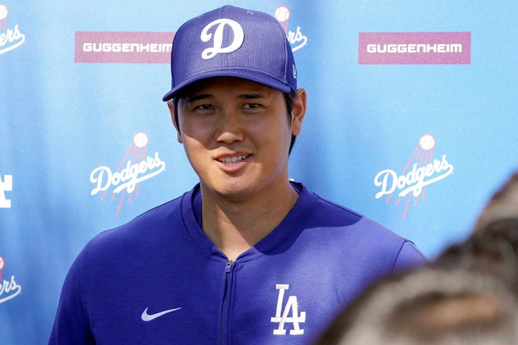 Shohei Ohtani speaks to the media during spring training on Feb. 29, 2024.