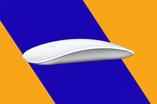 A white computer mouse on a blue and yellow background
