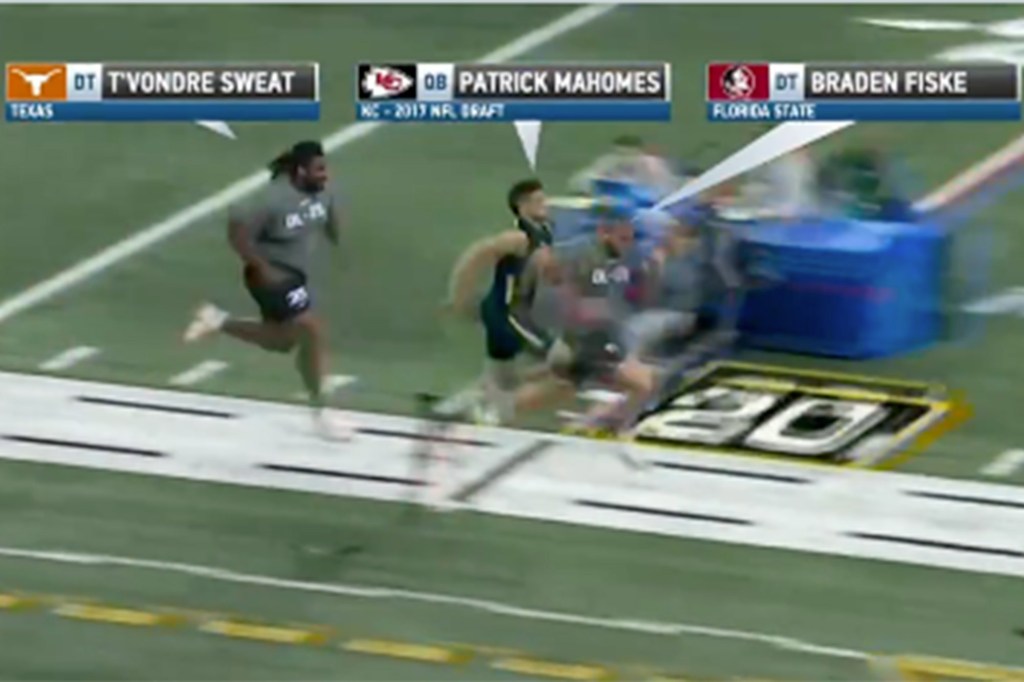 Patrick Mahomes (center) is seen running the 40-yard dash against two current NFL prospects.