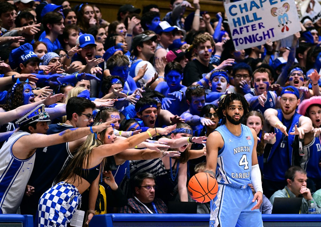 Duke's "Cameron Crazies" taunt North Carolina's RJ Davis on March 9, 2024.