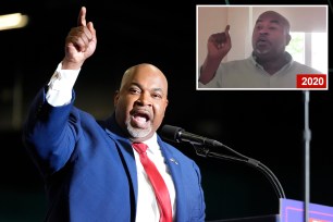 North Carolina Lt. Gov. Mark Robinson speaks before Republican presidential candidate former President Donald Trump at a campaign rally Saturday, March 2