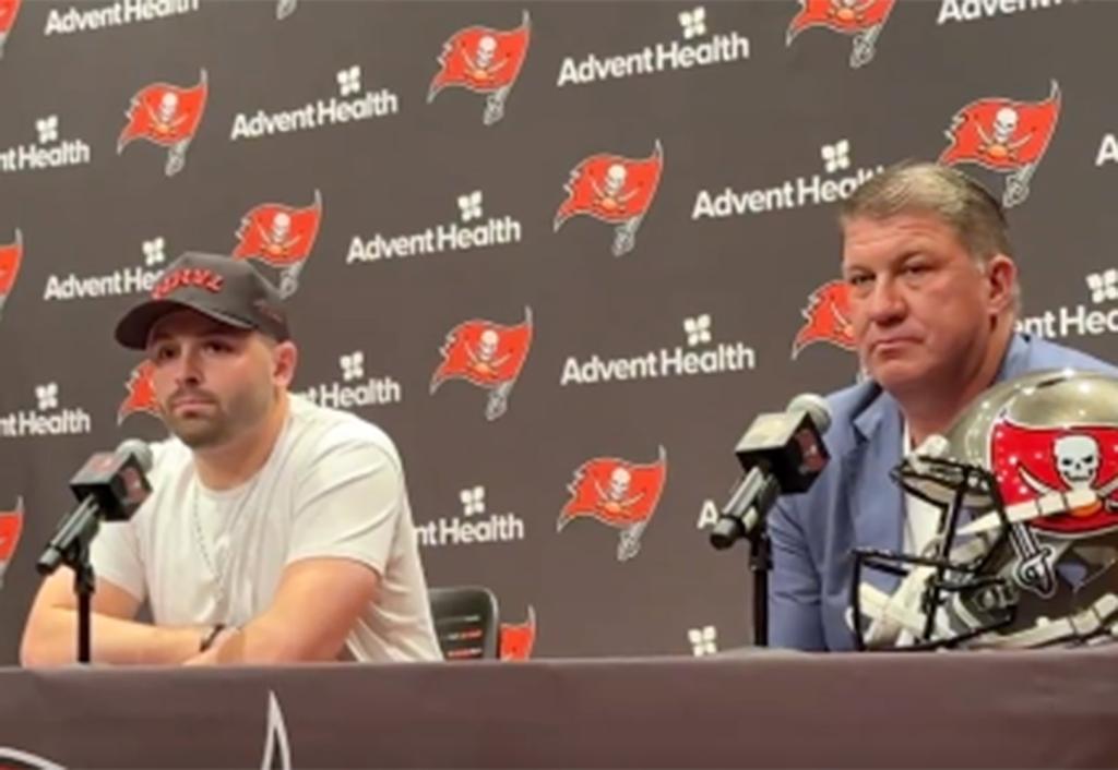 Buccaneers quarterback Baker Mayfield and team GM Jason Licht at a press conference on March 13, 2024.  
