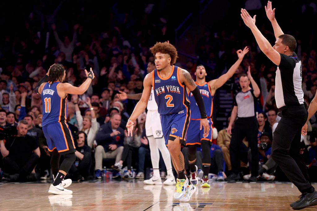 Miles McBride #2 of the New York Knicks reacts after hitting a three point shot during the second half when the New York Knicks defeated the Brooklyn Nets 105-93 Saturday, March 23, 2024 at Madison Square Garden in Manhattan, NY. 