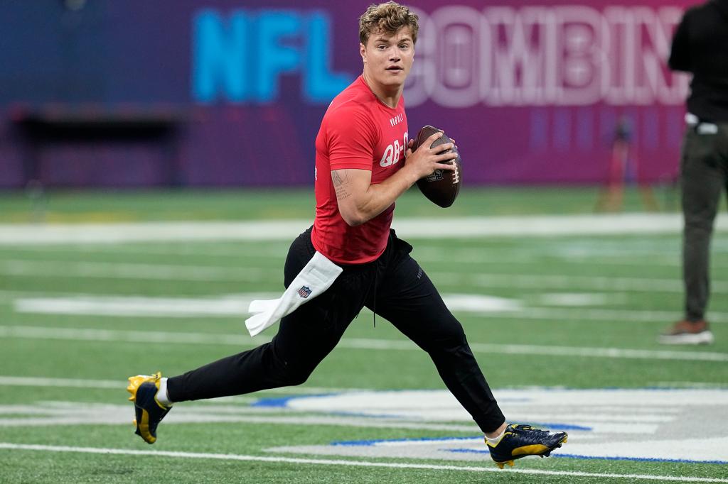 J.J. McCarthy runs a drill during the NFL Scouting Combine on March 2, 2024.