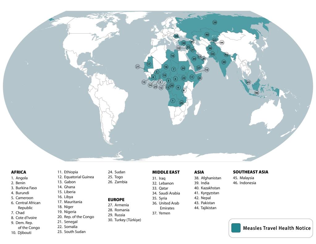 46 countries are at heightened risk of measles outbreaks.