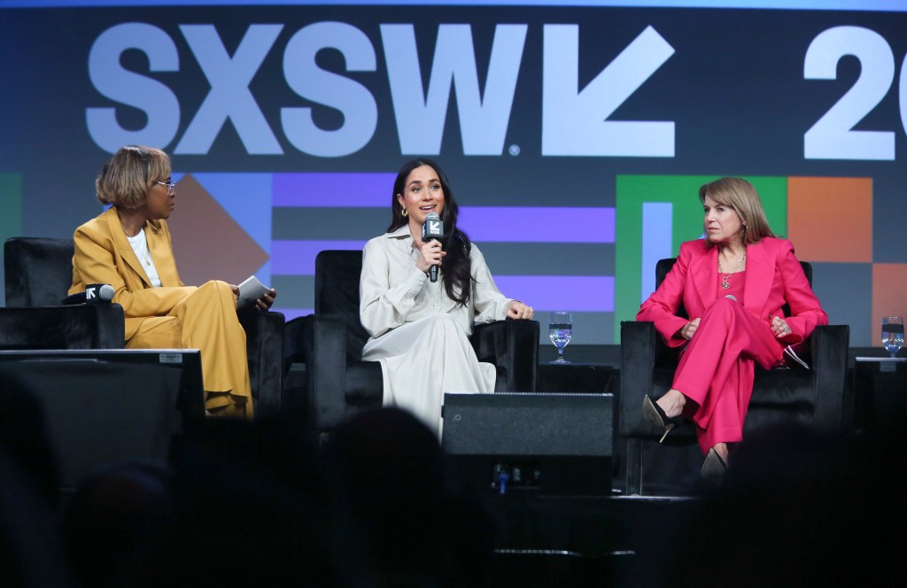 (Left to right) Markle, Katie Couric, and The 19th News' Errin Haines take part in the keynote "Breaking Barrier, Shaping Narratives: How Women Lead On and Off the Screen" at SXSW.