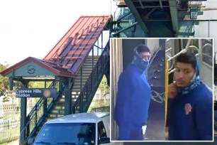 A creep called a woman “cute” before stalking her between train cars during her Brooklyn-to-Queens commute -- and then terrifyingly followed her onto the street and into a building, according to cops and disturbing video.