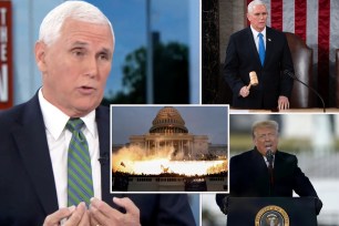 Mike Pence in a suit with captions that mention him forgiving Donald Trump for the Capitol Riot but not endorsing him for election.