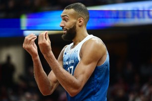 Minnesota Timberwolves center Rudy Gobert (27) reacts after fouling out during the second half against the Cleveland Cavaliers at Rocket Mortgage FieldHouse.