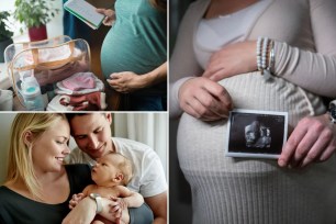 A pregnant woman and a man holding a baby in a collage.