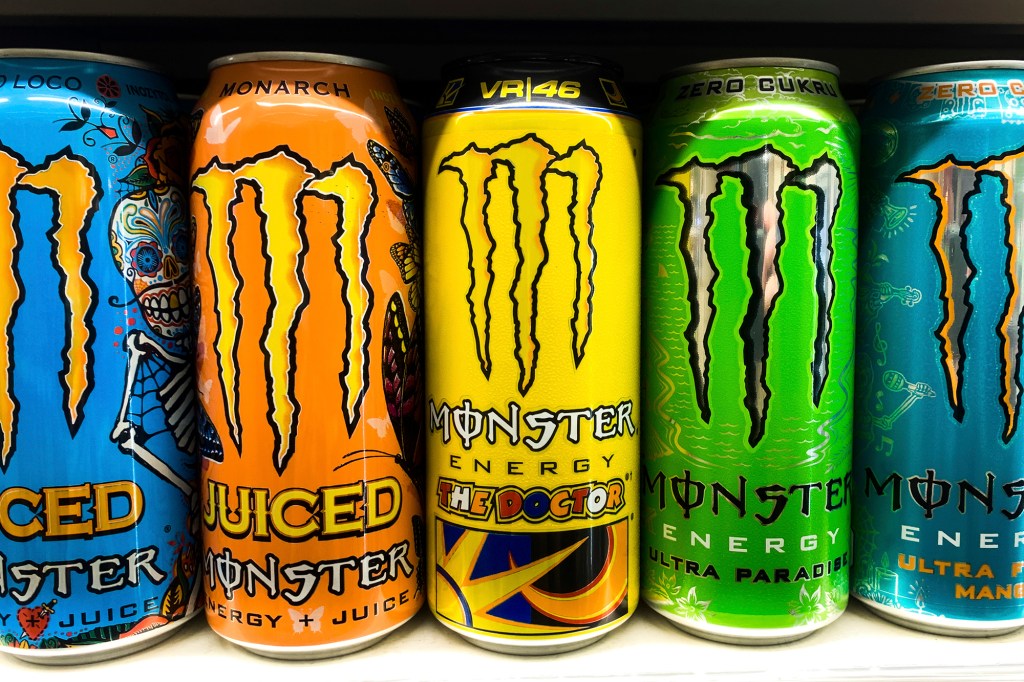 Cans of Monster energy drinks sold in a shop in Krakow, Poland.