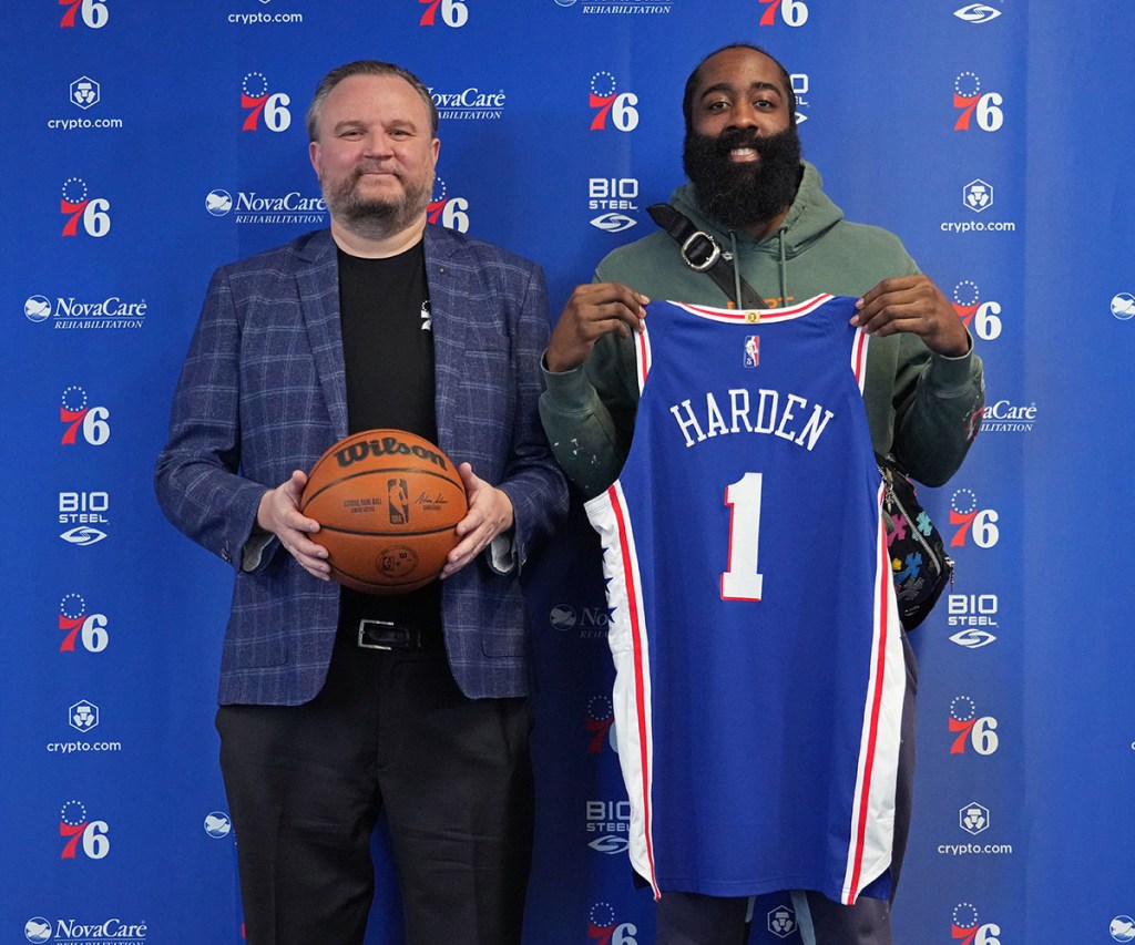 Daryl Morey, President of Basketball Operations poses for a photo with James Harden #1 of the Philadelphia 76ers during a press conference on February 15, 2022 at Philadelphia 76ers Training Complex in Camden, New Jersey.  