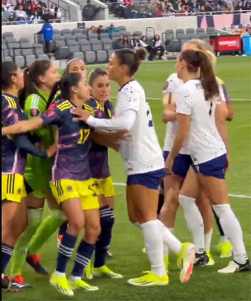 United States forward Trinity Rodman intervenes when teammate Alex Morgan (7) confronts Colombia players during the Concacaf W Gold Cup quarterfinal game at BMO Stadium in Los Angeles, Ca. on March 3, 2024.