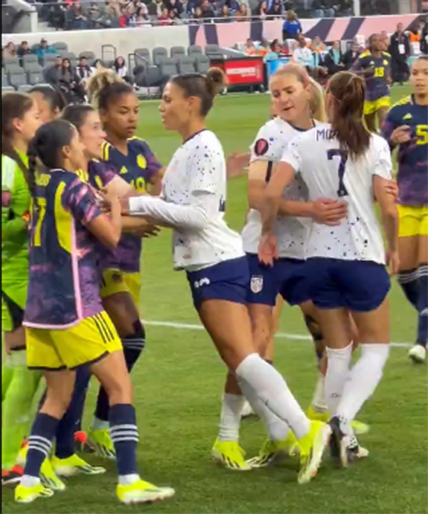 United States forward Trinity Rodman intervenes when teammate Alex Morgan (7) confronts Colombia players during the Concacaf W Gold Cup quarterfinal game at BMO Stadium on March 3, 2024.