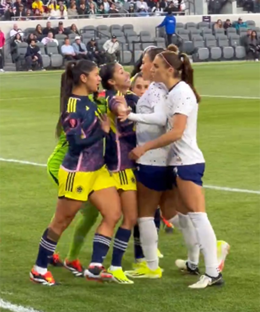 United States forward Trinity Rodman intervenes when teammate Alex Morgan (7) confronts Colombia players during the Concacaf W Gold Cup quarterfinal game at BMO Stadium in Los Angeles, Ca. on March 3, 2024. 