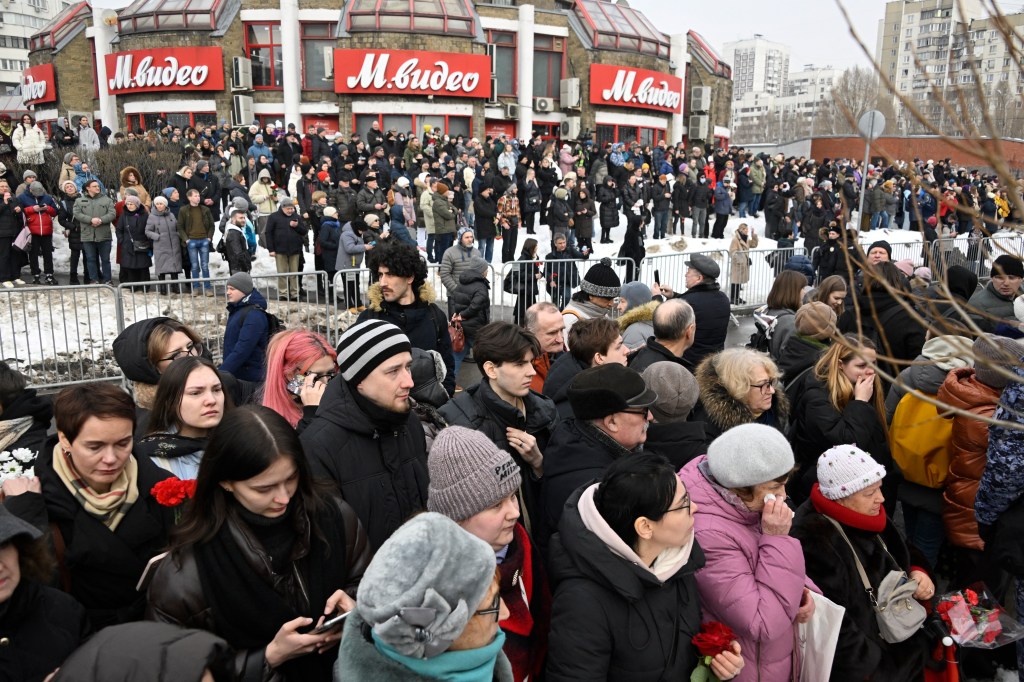 Mourners gather outside the Mother of God Quench My Sorrows church ahead of a funeral service for late Russian opposition leader Alexei Navalny, in Moscow's district of Maryino on March 1, 2024. (Photo by Alexander NEMENOV / AFP) (Photo by ALEXANDER NEMENOV/AFP via Getty Images)
