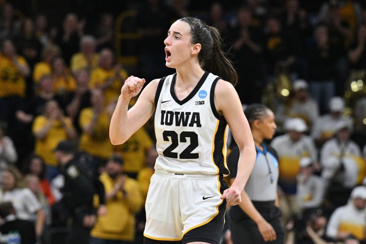 Iowa Hawkeyes guard Caitlin Clark reacting during the third quarter against the West Virginia Mountaineers in the NCAA second round game