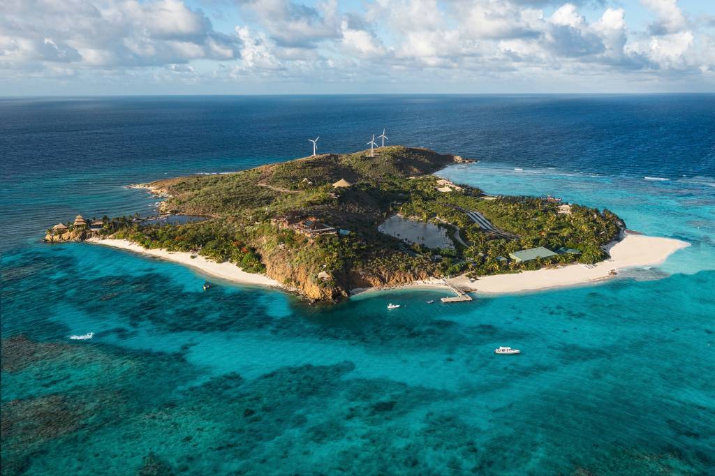 An aerial view of Necker Island featuring beaches, pools, sushi, water toys, and rare animals. Courtesy of the venue.