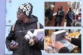 A composite photo of a peddler selling fake Apple products; bartering with a customer, and checking the merchandise