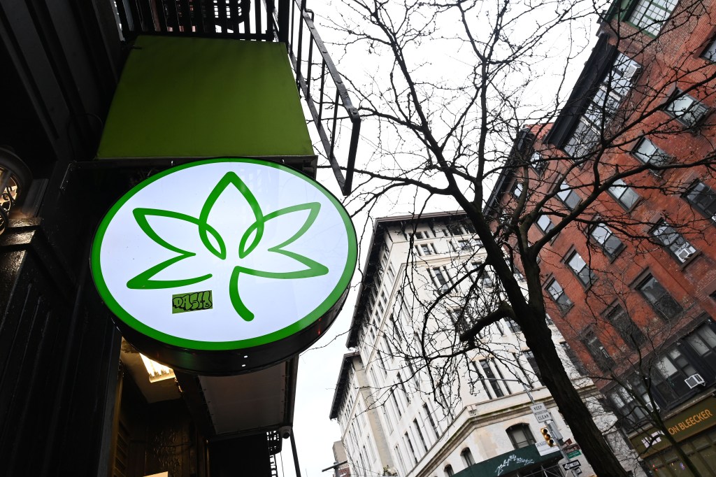 A sign for Easy Grab weed shop with a leaf logo on it, located on Bleecker St. in West Village, New York.