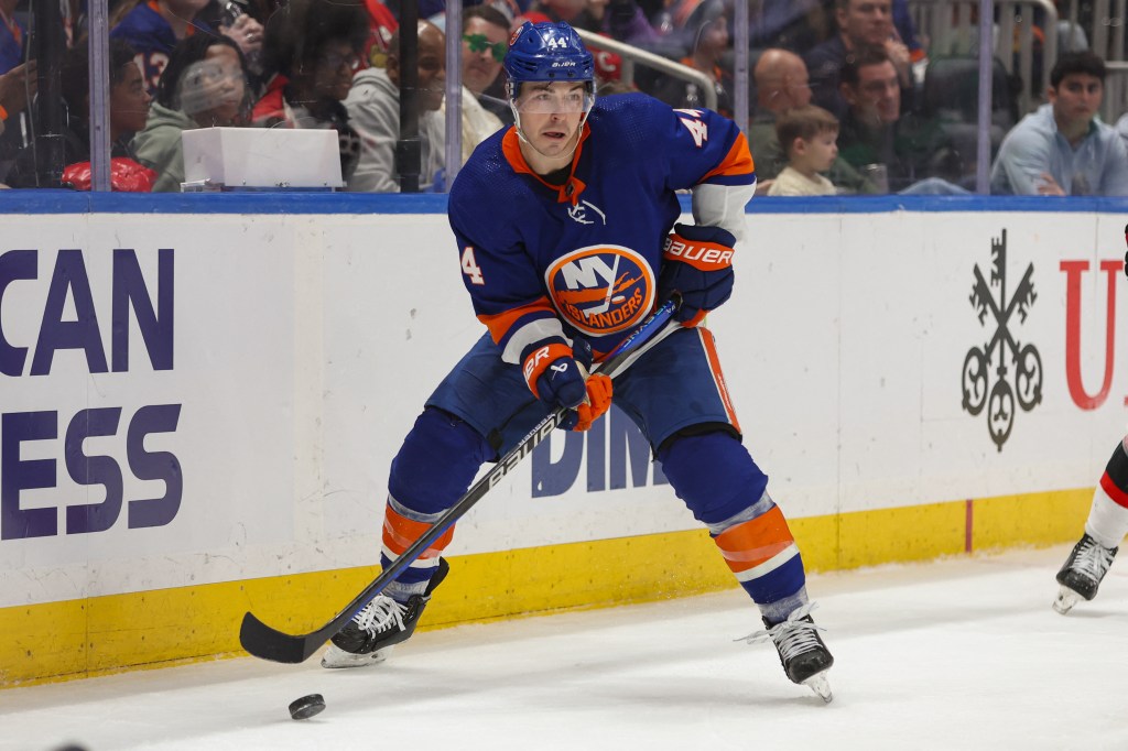 Islanders center Jean-Gabriel Pageau (44) skates with the puck against Ottawa Senators during the third period at UBS Arena.