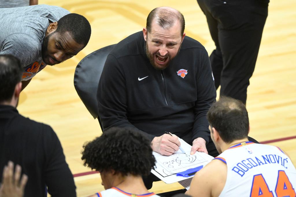 New York Knicks head coach Tom Thibodeau talks during a tempt in the third quarter against the Cleveland Cavaliers at Rocket Mortgage FieldHouse.