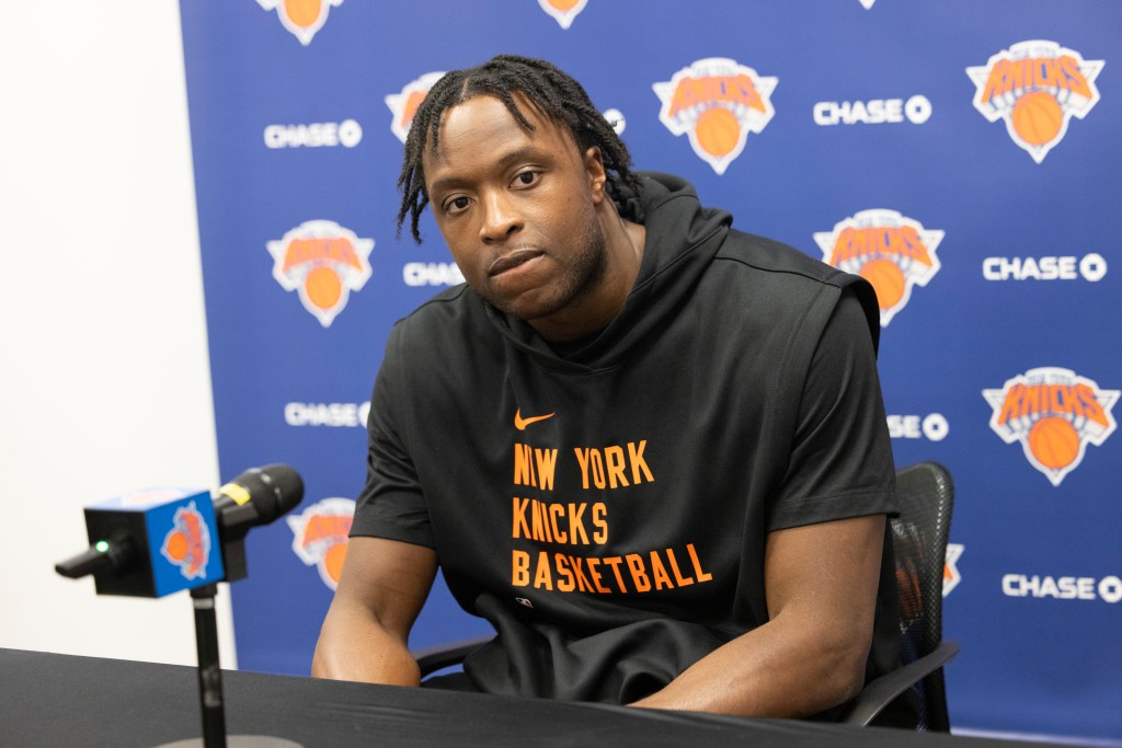 OG Anunoby speaks to the media at the teams training facility on Tuesday, Feb. 20, 2024 in Tarrytown, New York.