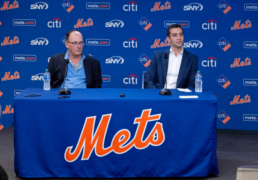 Steve Cohen and David Stearns, the new President of Baseball Operations, during an introductory press conference at Citi Field.