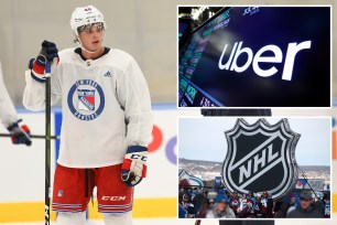 left NY rangers minor leaguer Brandon Crawley, on the ice in practice uniform; upper right uber logo; lower right nhl logo