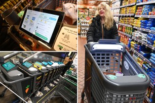 Instacart's "Caper Cart" and NYC customer Geraldine Hoylie using one of the carts