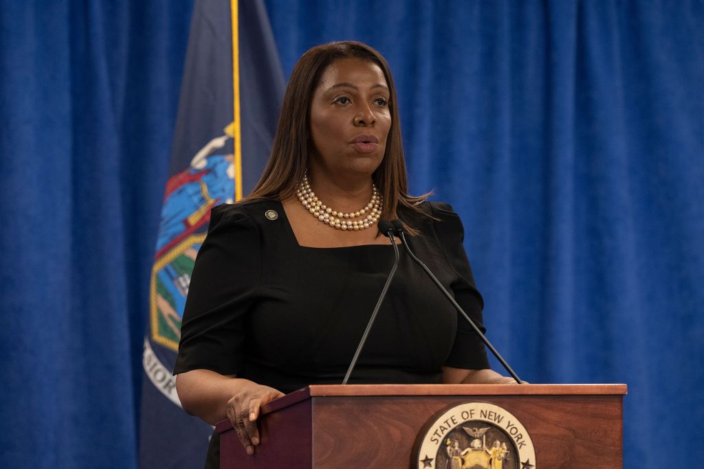 Letitia James at a podium. 