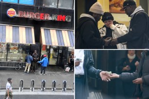 Left, people loitering outside the burger king on fulton street; upper right, two people appear to exchange money while a third person looks on; lower right two people appear to exchange money outside a burger king as neighbors complain about drug dealing at the restaurant