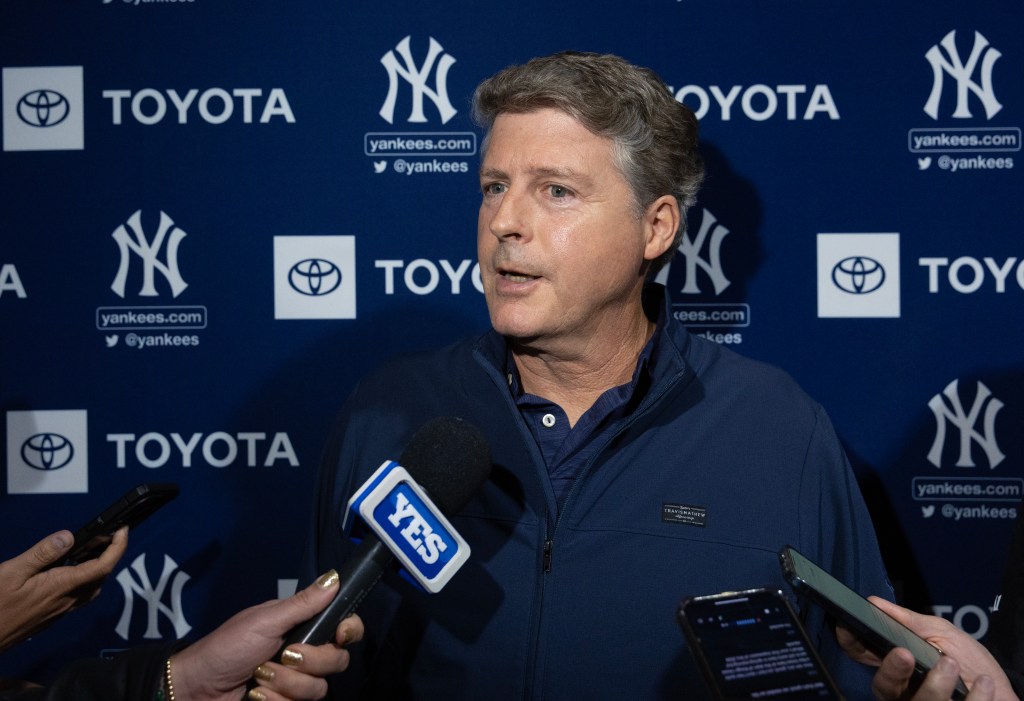 Yankees co-owner Hal Steinbrenner speaking to the media after practice at Steinbrenner Field.